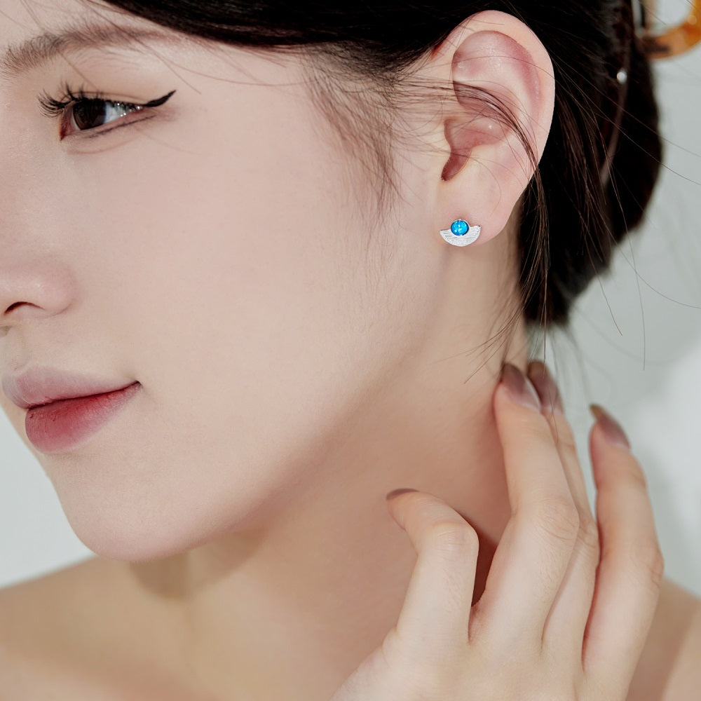 Silver Opal Round Cut Folding Fan Ear Studs