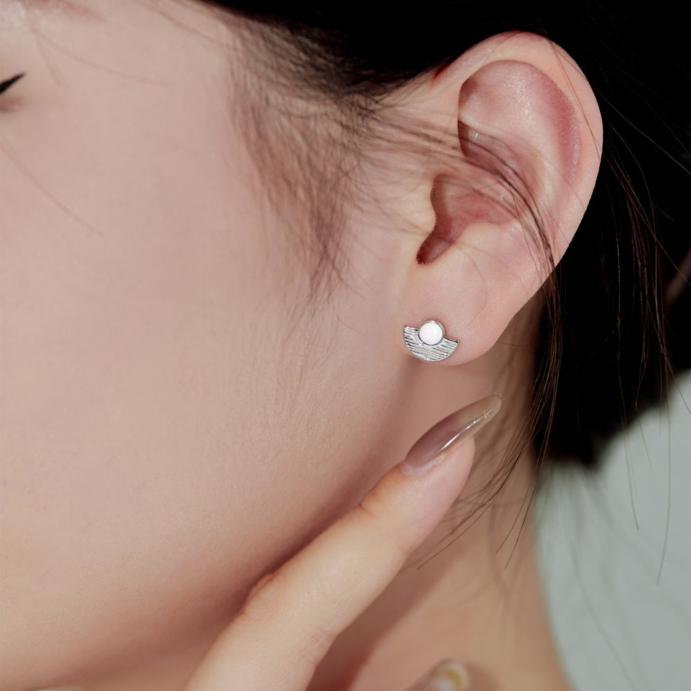 Silver Opal Round Cut Folding Fan Ear Studs