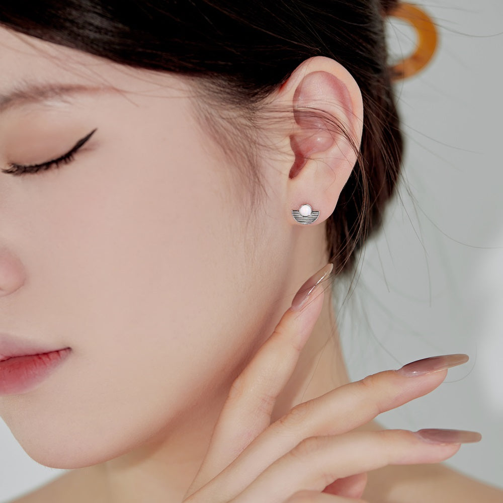 Silver Opal Round Cut Folding Fan Ear Studs