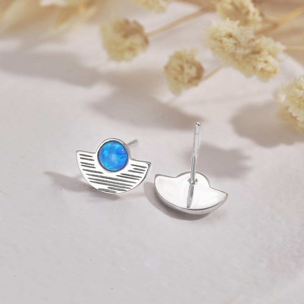Silver Opal Round Cut Folding Fan Ear Studs