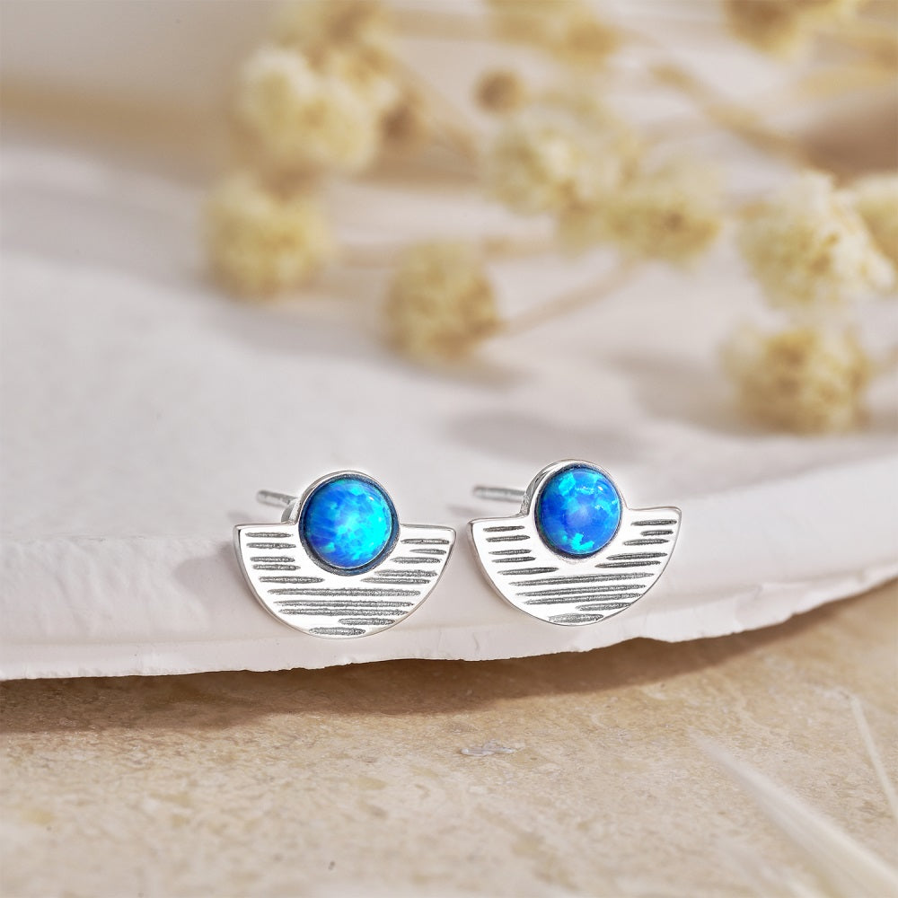Silver Opal Round Cut Folding Fan Ear Studs