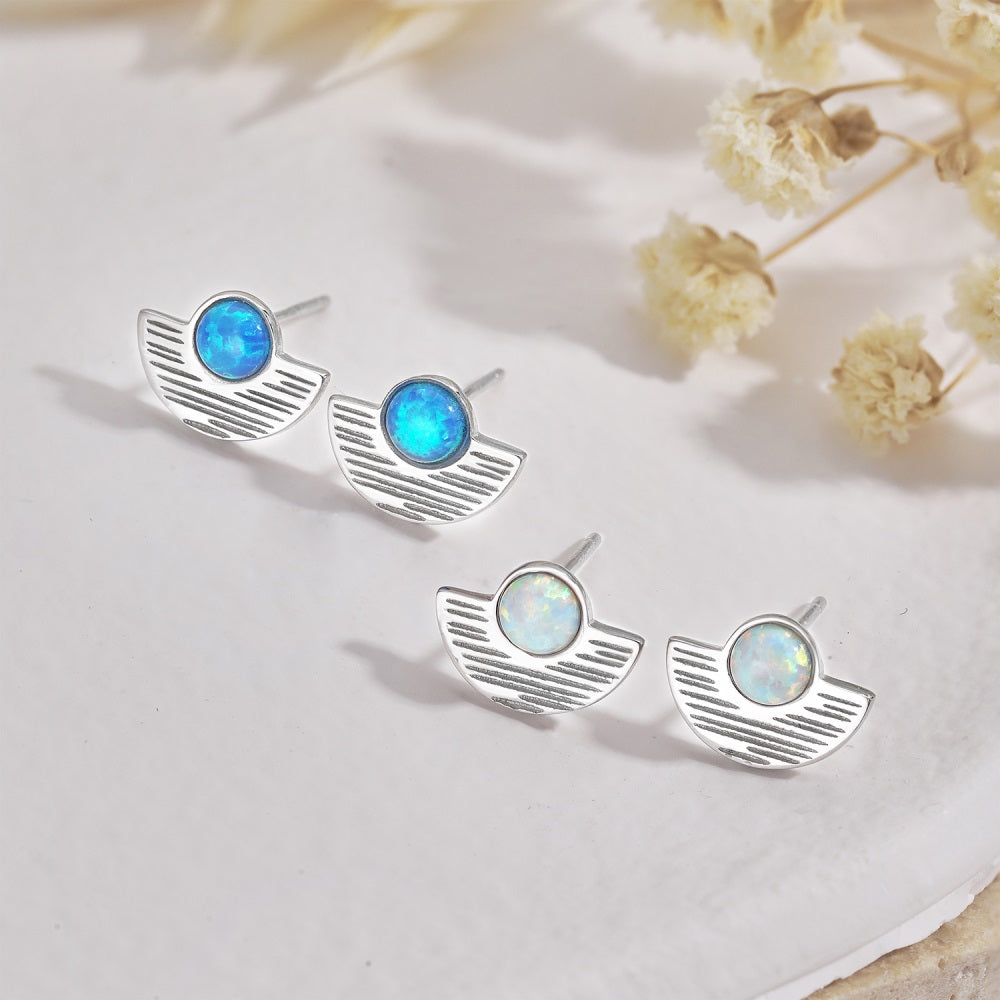 Silver Opal Round Cut Folding Fan Ear Studs