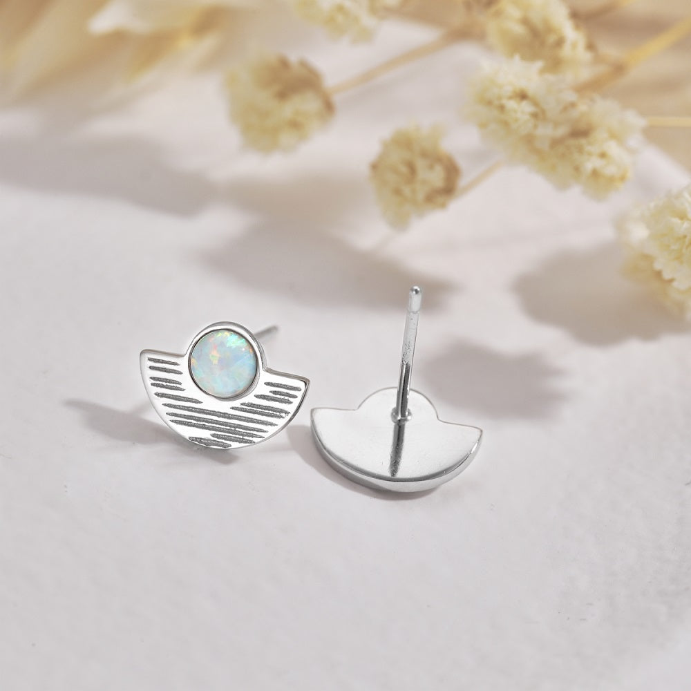 Silver Opal Round Cut Folding Fan Ear Studs