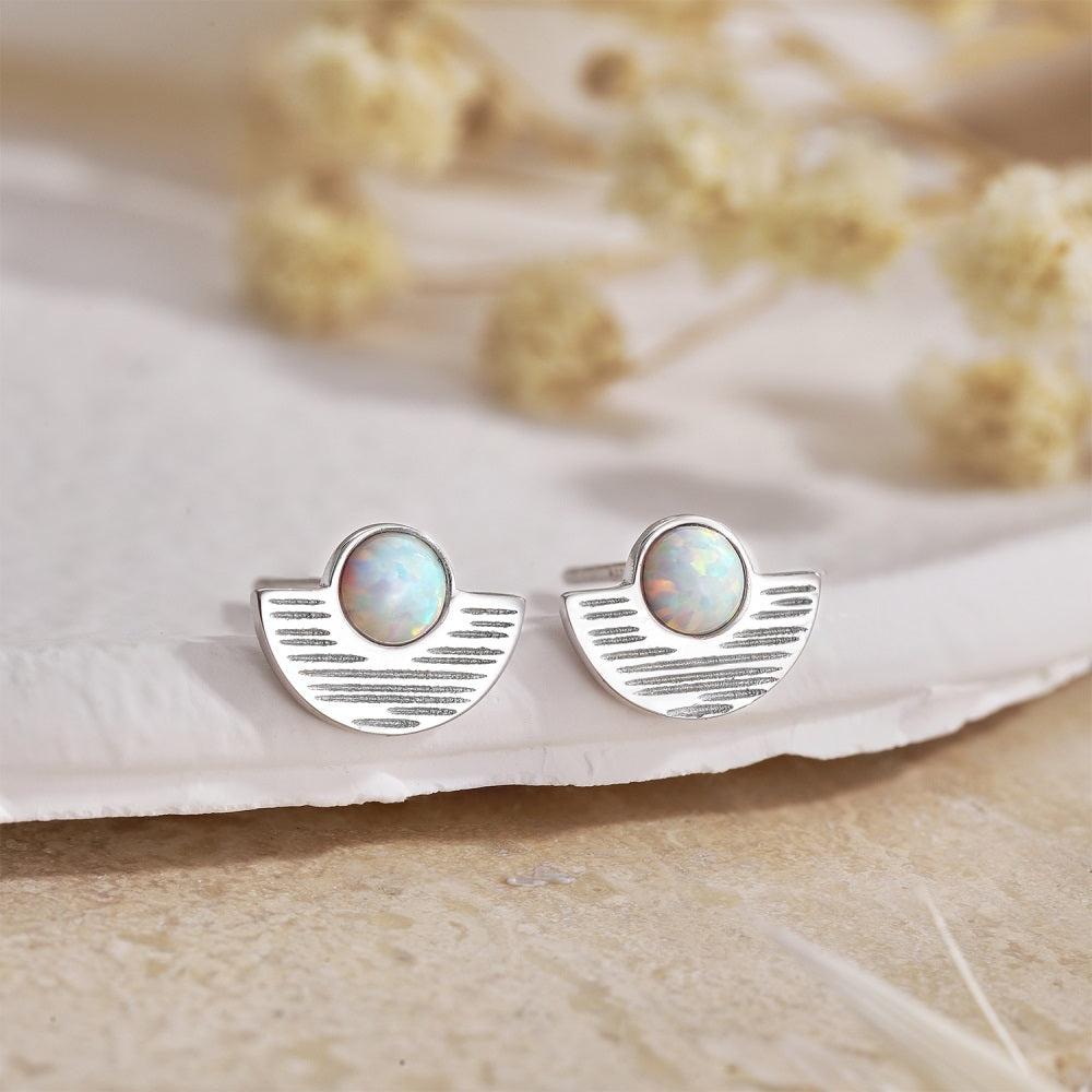 Silver Opal Round Cut Folding Fan Ear Studs