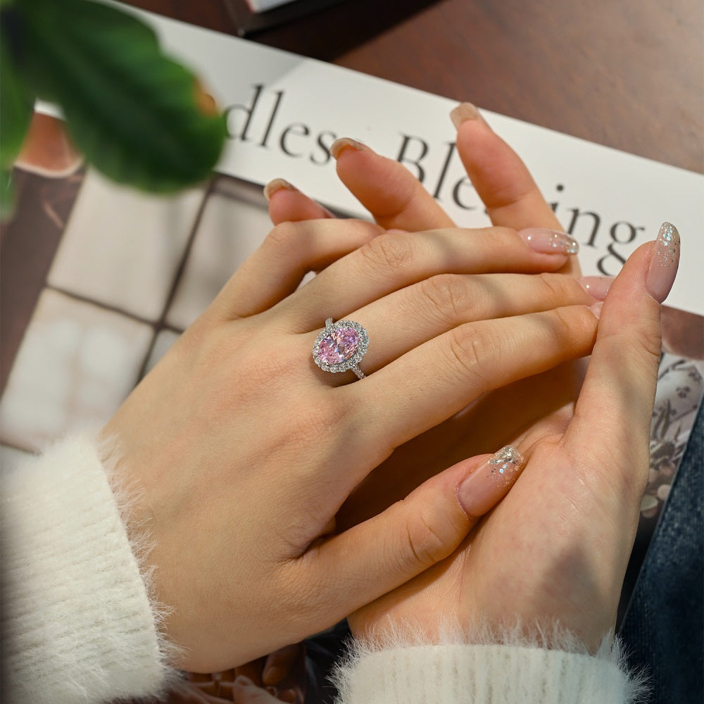 Silver Zircon Oval Cut Iced Wrapped Halo Ring