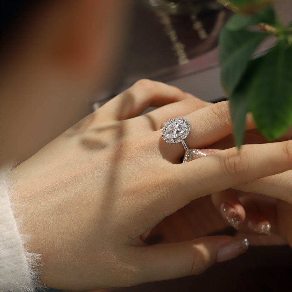 Silver Zircon Oval Cut Iced Wrapped Halo Ring