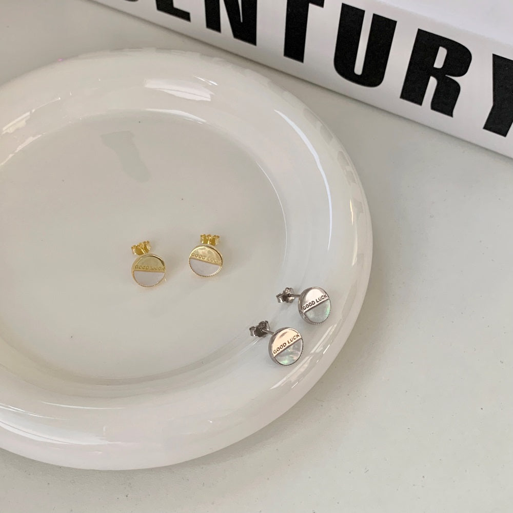 Silver Opal Half Moon Cut Good Luck Disc Ear Studs