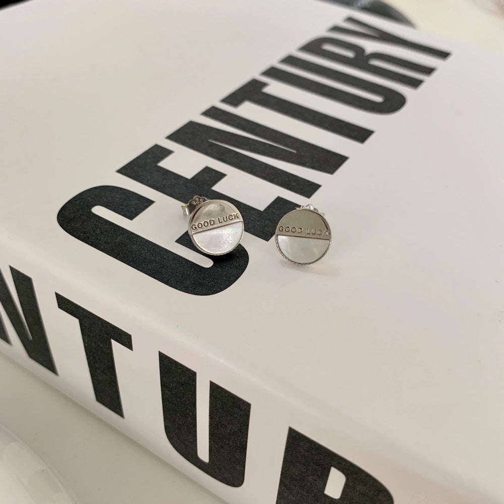 Silver Opal Half Moon Cut Good Luck Disc Ear Studs