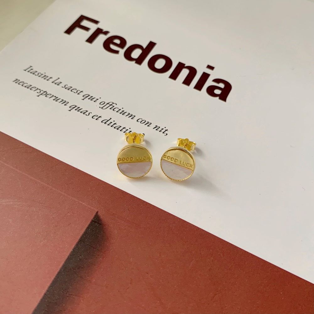 Silver Opal Half Moon Cut Good Luck Disc Ear Studs