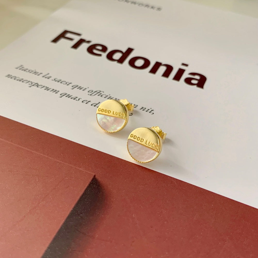 Silver Opal Half Moon Cut Good Luck Disc Ear Studs