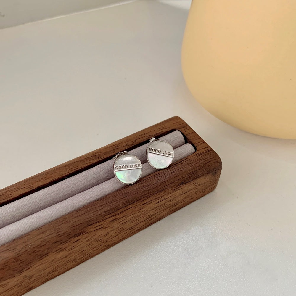 Silver Opal Half Moon Cut Good Luck Disc Ear Studs