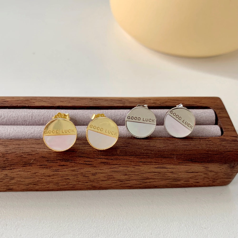 Silver Opal Half Moon Cut Good Luck Disc Ear Studs