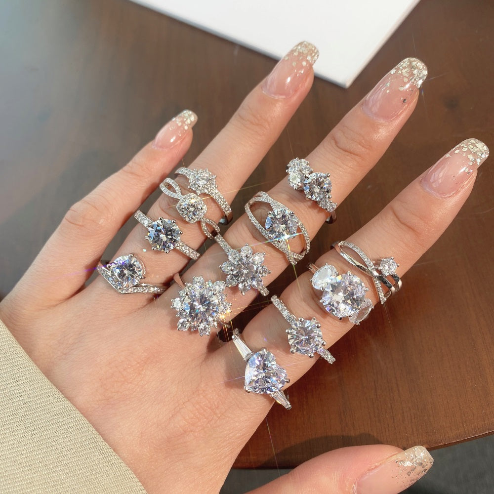 Silver Zircon Oval Cut Iced Inlaid Halo Ring