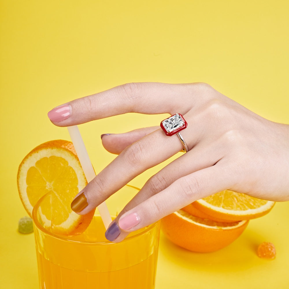 Silver Zircon Radiant Cut Frame Solitaire Ring