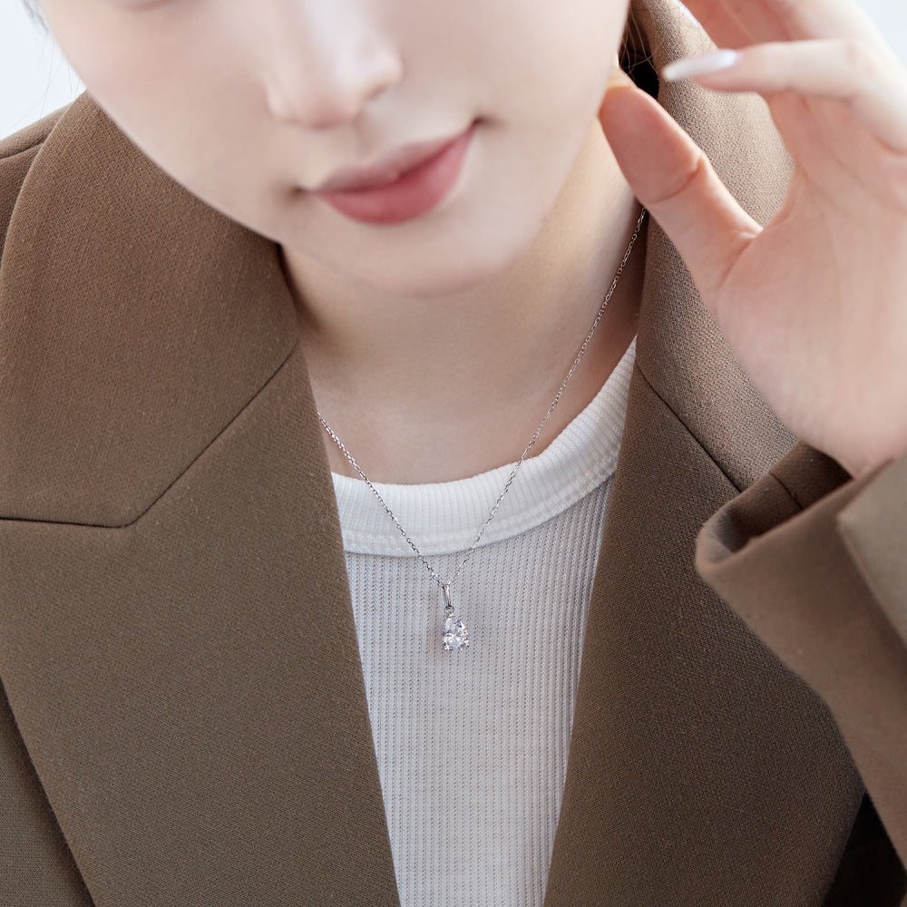 Silver Zircon Pear Cut Water Drop Pendant Necklace