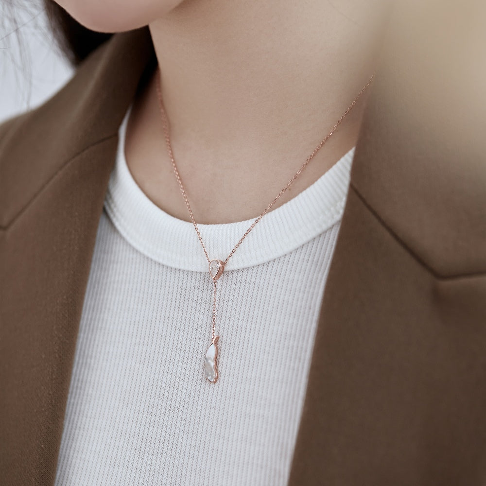 Silver Zircon Pear Cut Bean Pendant Necklace