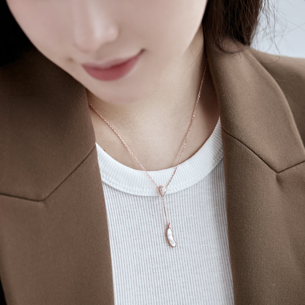 Silver Zircon Pear Cut Bean Pendant Necklace