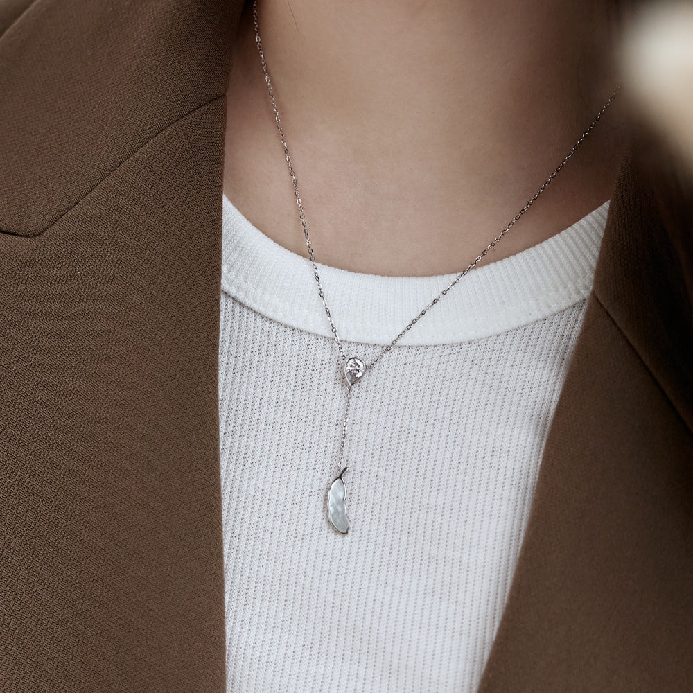 Silver Zircon Pear Cut Bean Pendant Necklace