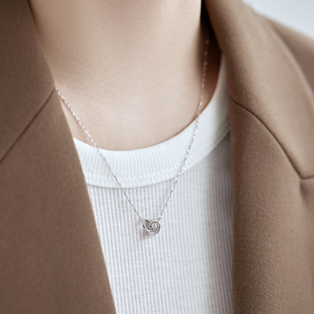 Silver Zircon Round Cut Interlocking Ring Pendant Necklace