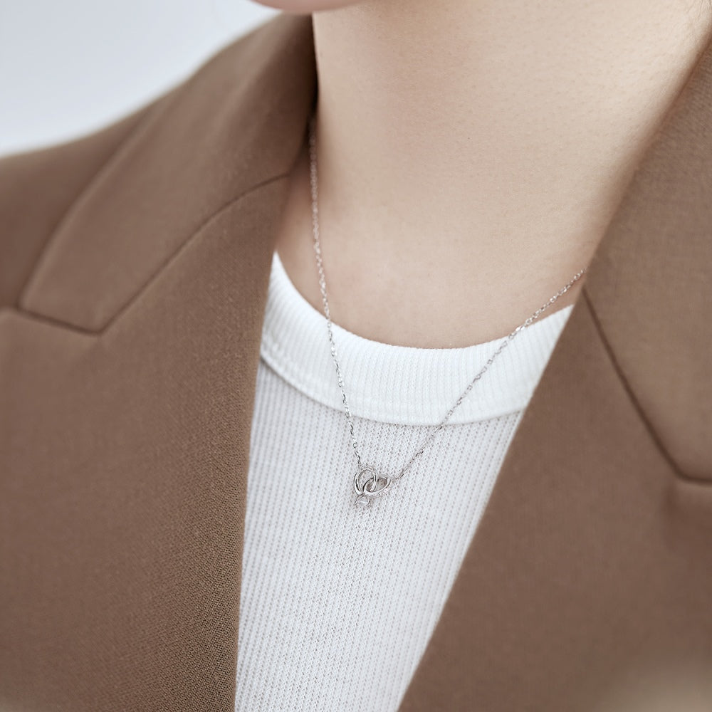 Silver Zircon Round Cut Interlocking Ring Pendant Necklace
