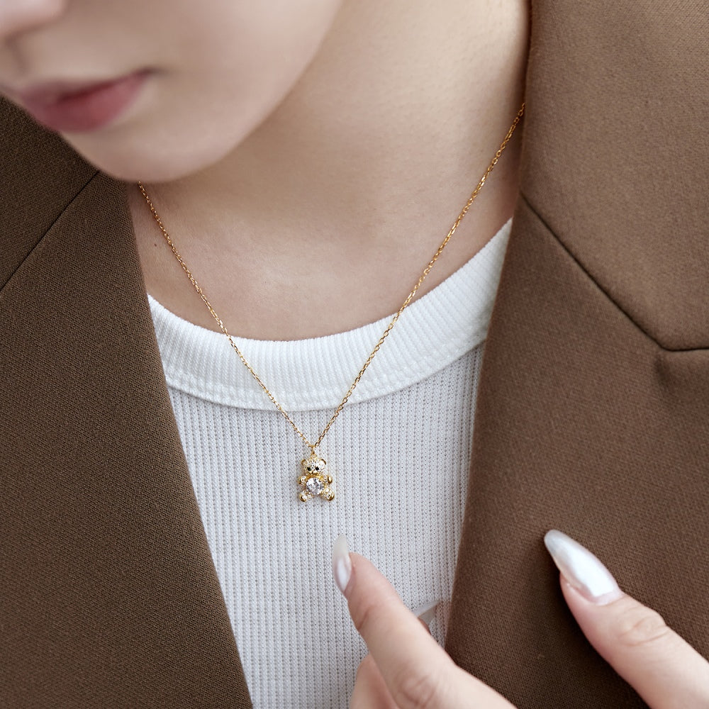 Silver Zircon Round Cut Bear Pendant Necklace