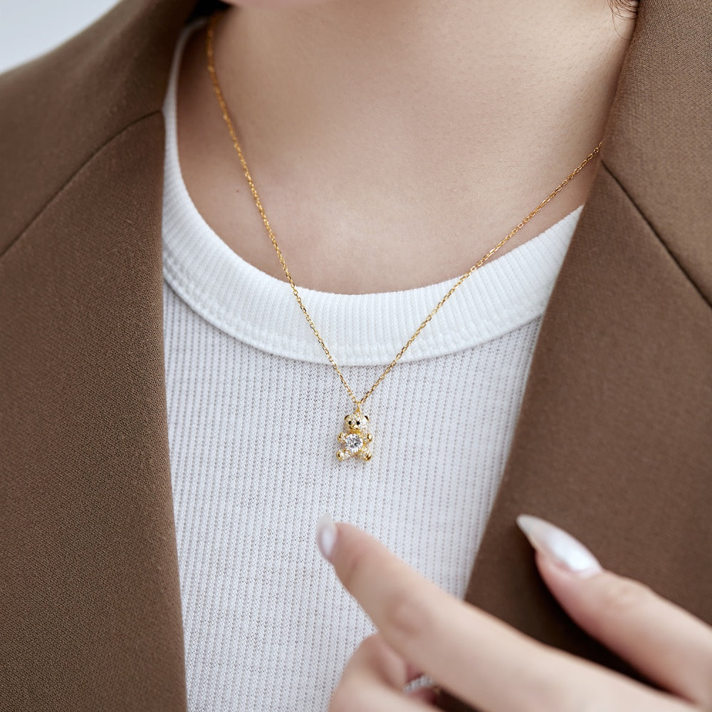 Silver Zircon Round Cut Bear Pendant Necklace