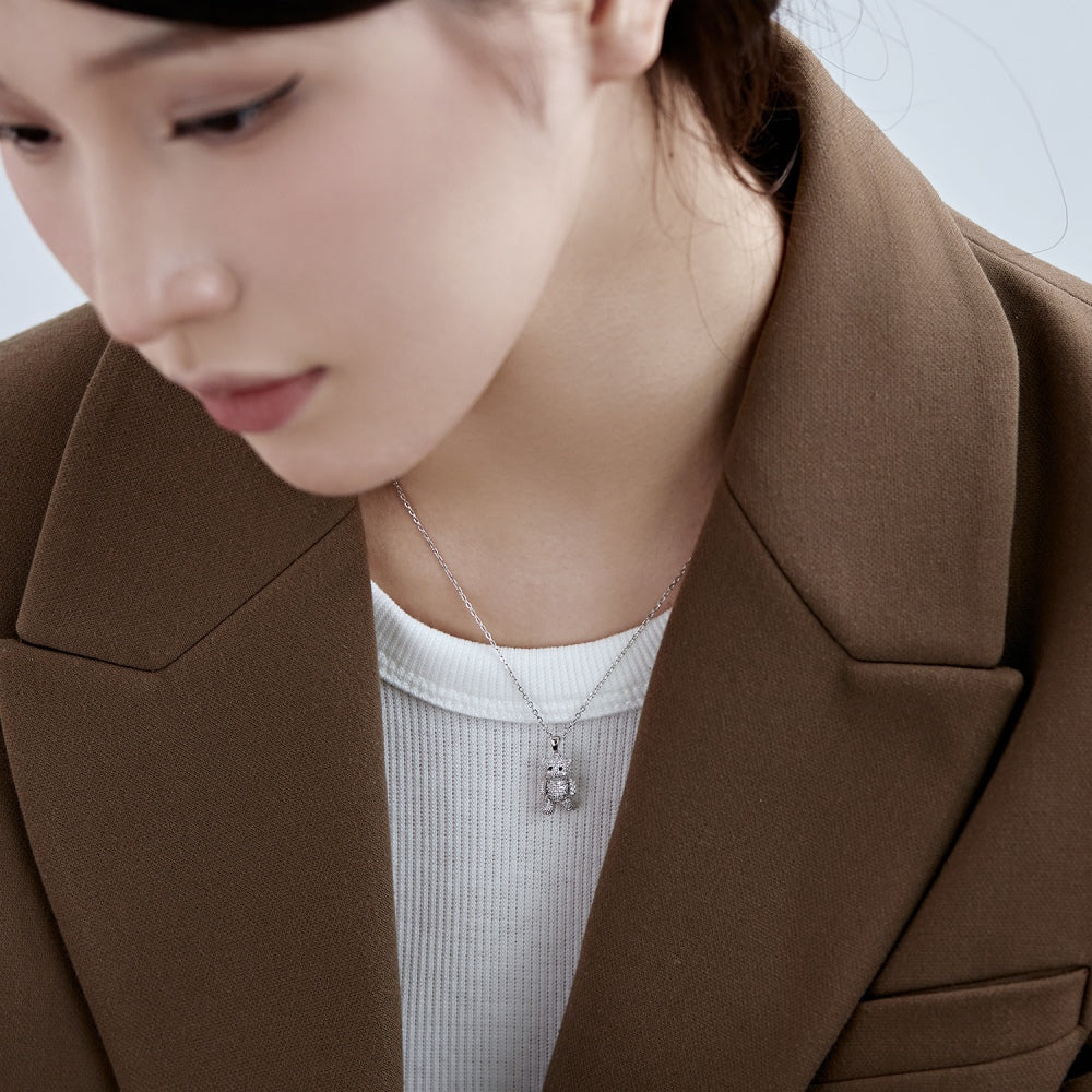Silver Zircon Round Cut Iced Bear Pendant Necklace
