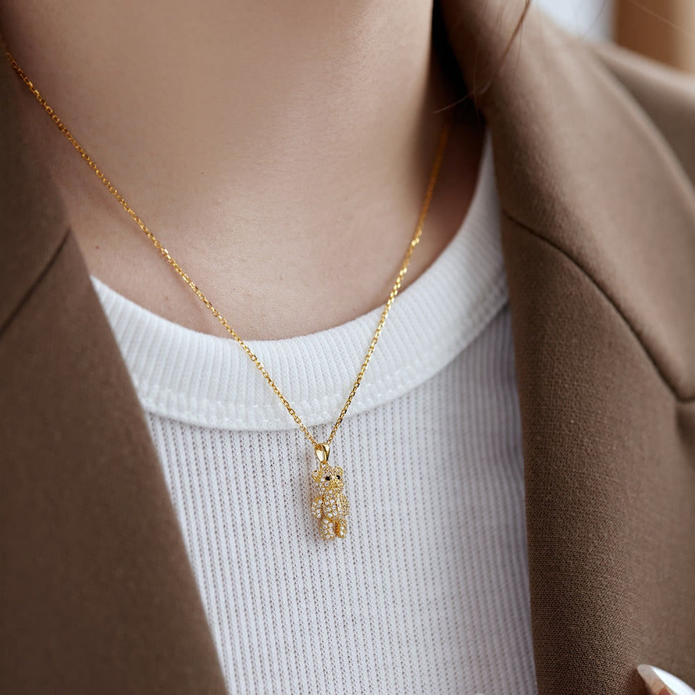 Silver Zircon Round Cut Iced Bear Pendant Necklace