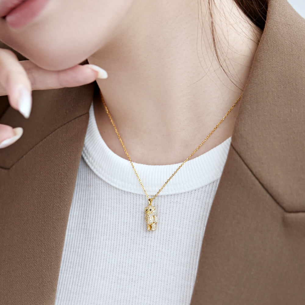 Silver Zircon Round Cut Iced Bear Pendant Necklace