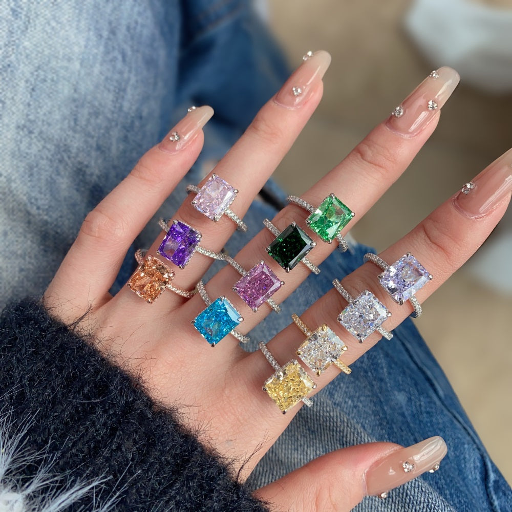 Silver Zircon Radiant Cut Iced Inlaid Solitaire Ring