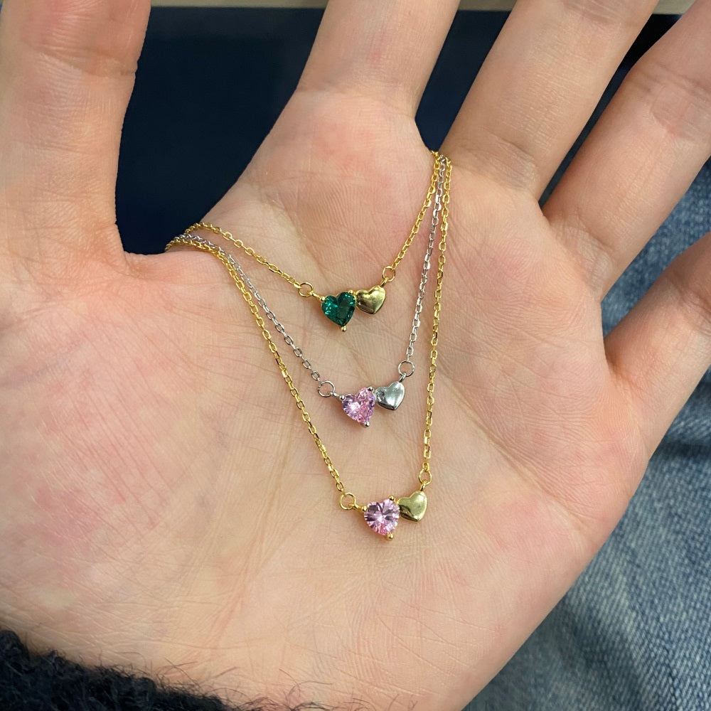 Silver Zircon Heart Cut Love Duel Pendant Necklace