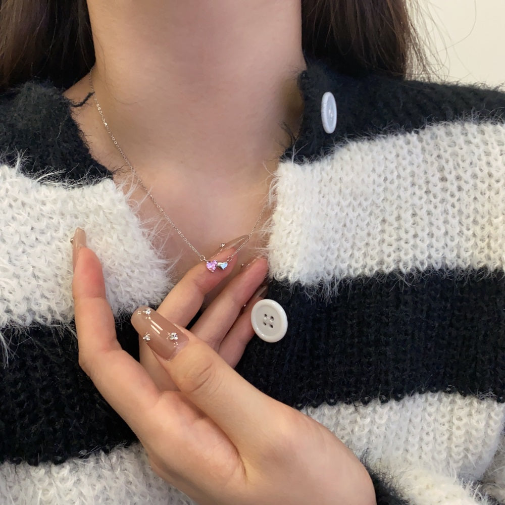 Silver Zircon Heart Cut Love Duel Pendant Necklace