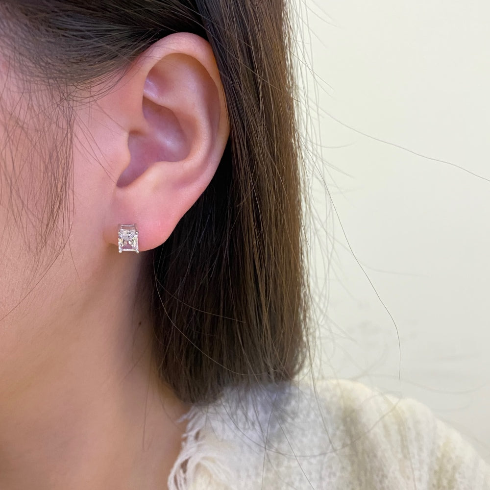 Silver Zircon Radiant Cut Cubic Ear Studs