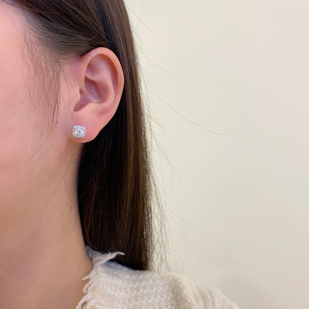 Silver Zircon Round Cut Cushion Ear Studs