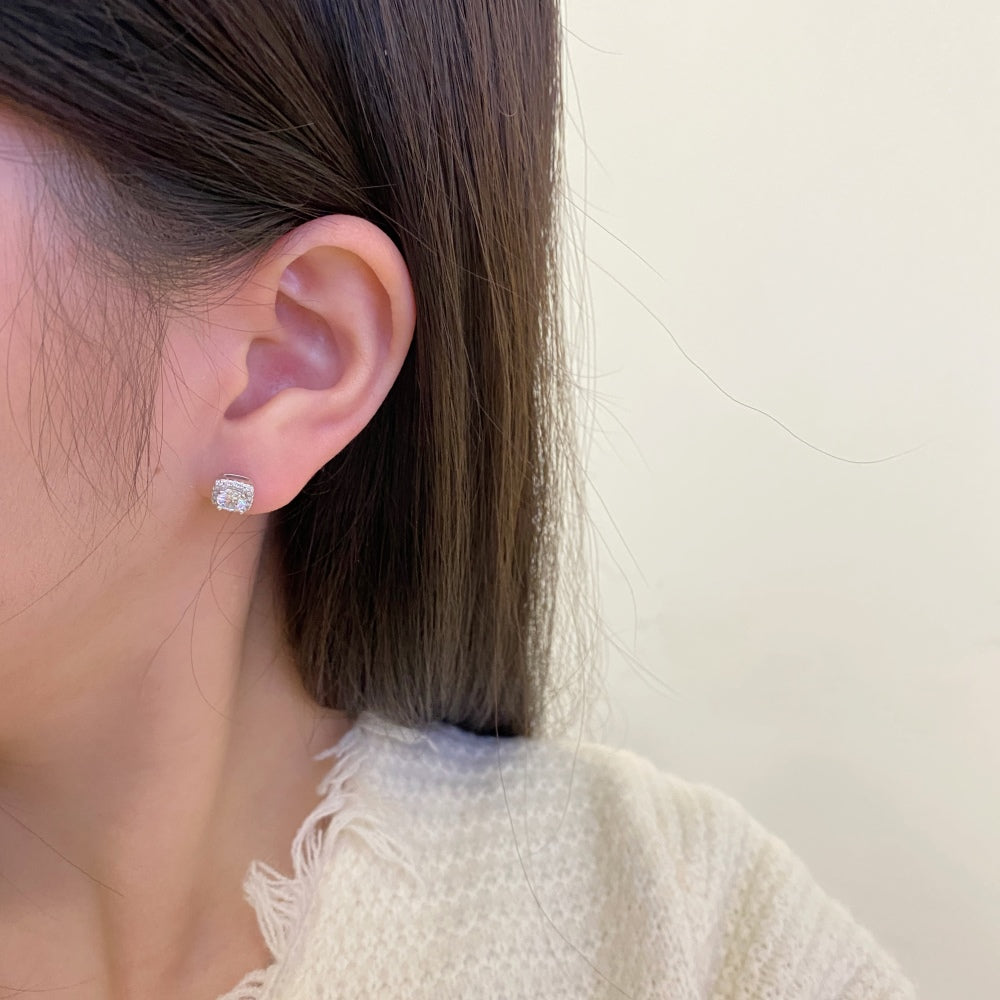 Silver Zircon Round Cut Cushion Ear Studs