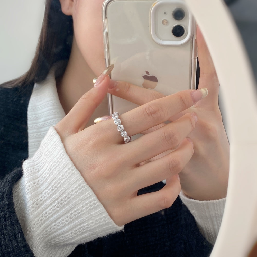 Silver Zircon Round Cut Thin Wrapped Dots Eternity Ring