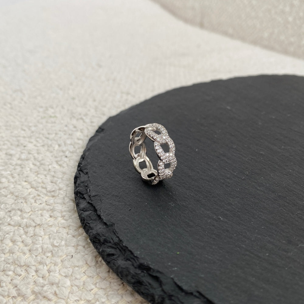 Silver Zircon Round Cut Inlaid Cuban Eternity Ring