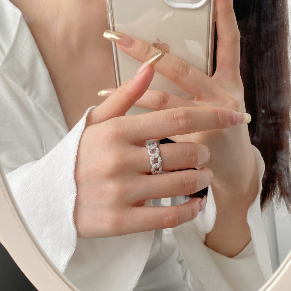 Silver Zircon Round Cut Inlaid Cuban Eternity Ring