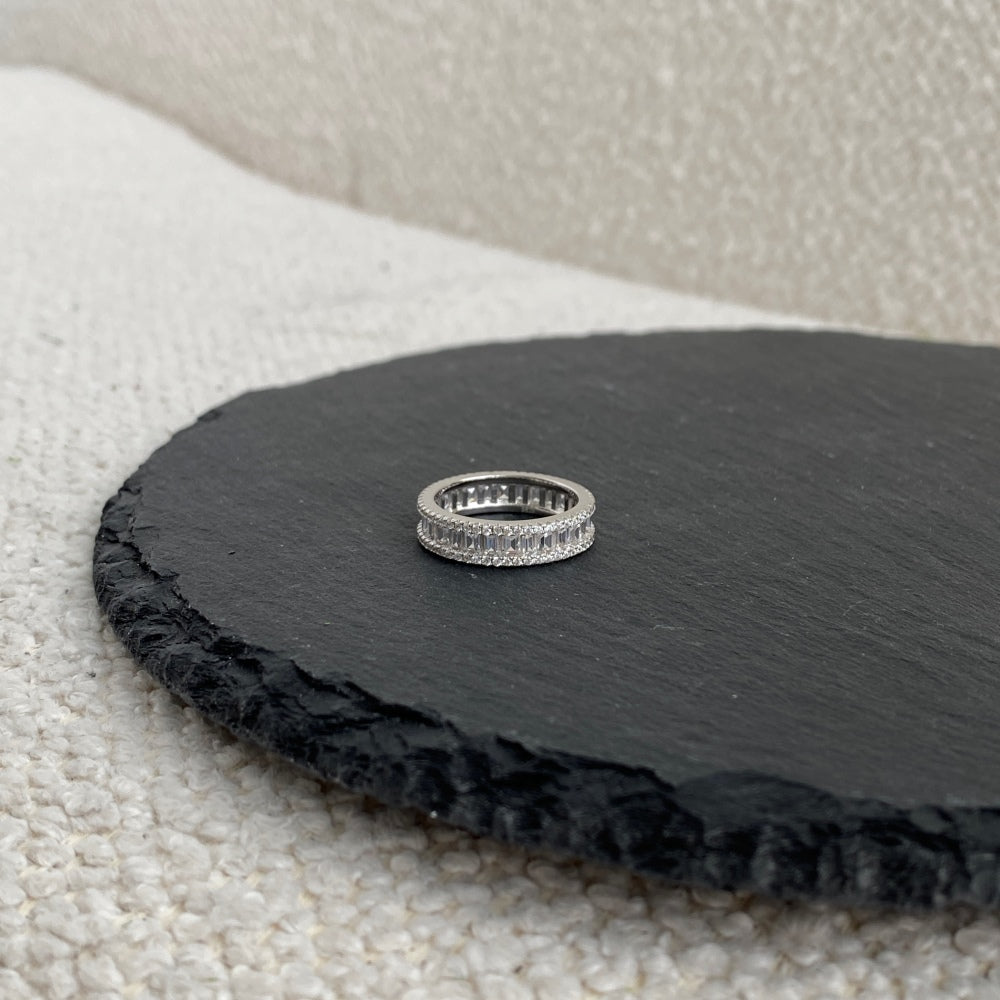 Silver Zircon Baguette Cut Thin Stacked Eternity Ring