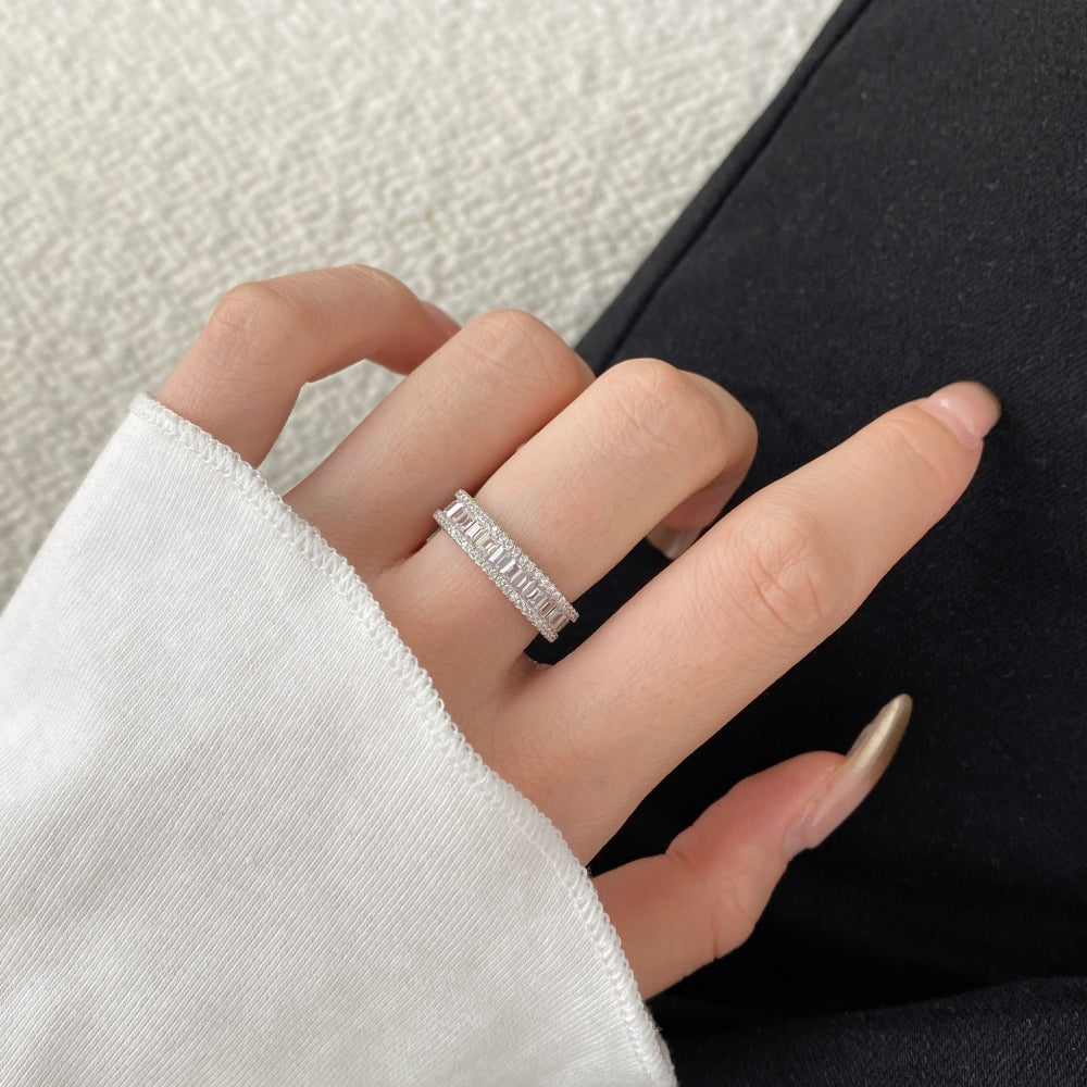 Silver Zircon Baguette Cut Thin Stacked Eternity Ring