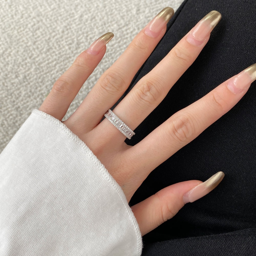 Silver Zircon Baguette Cut Thin Stacked Eternity Ring
