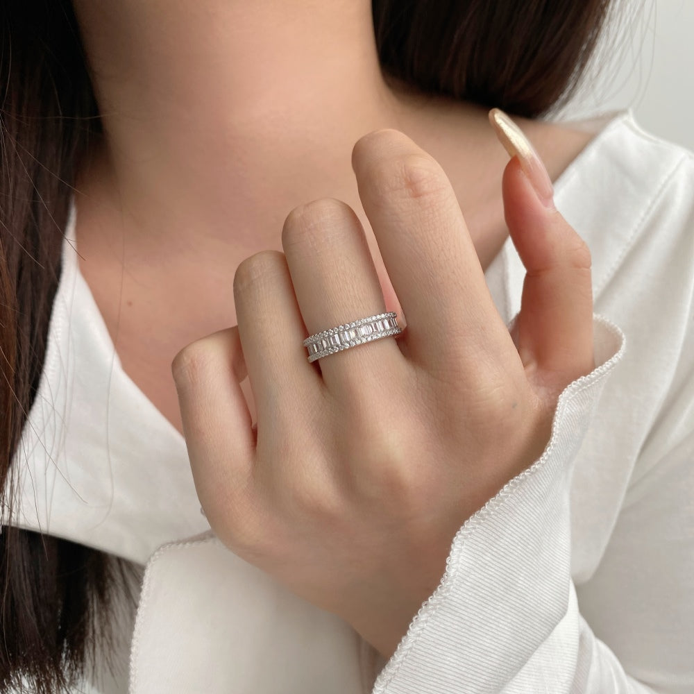 Silver Zircon Baguette Cut Thin Stacked Eternity Ring
