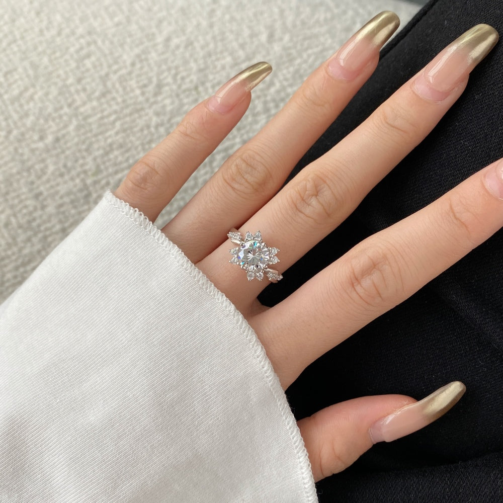 Silver Zircon Round Cut Inlaid Halo Flower Solitaire Ring