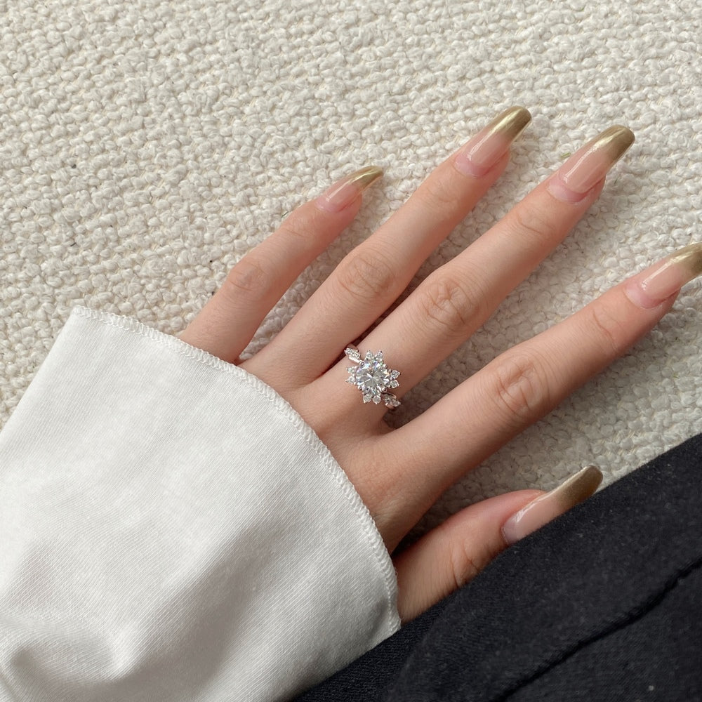 Silver Zircon Round Cut Inlaid Halo Flower Solitaire Ring