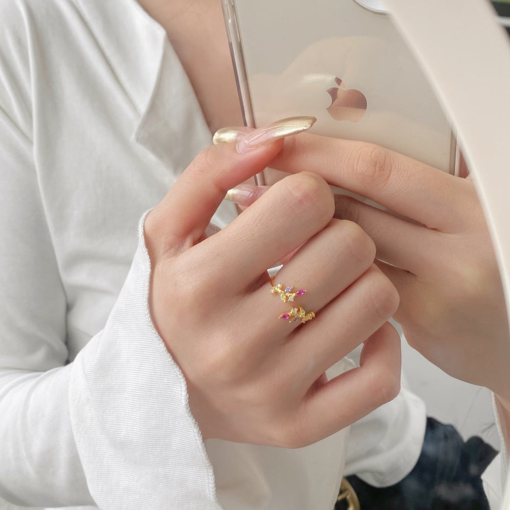 Silver Zircon Marquise Cut Open Twisted Leaf Bypass Ring