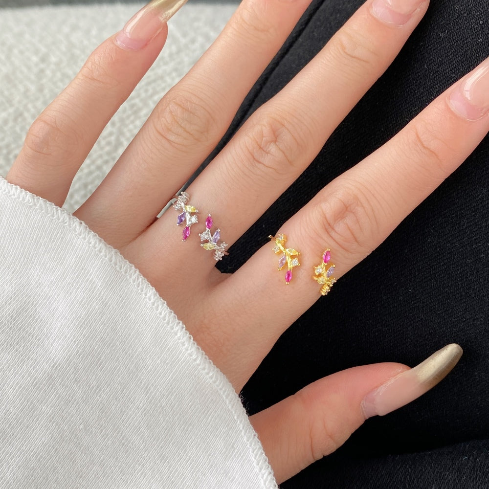 Silver Zircon Marquise Cut Open Twisted Leaf Bypass Ring