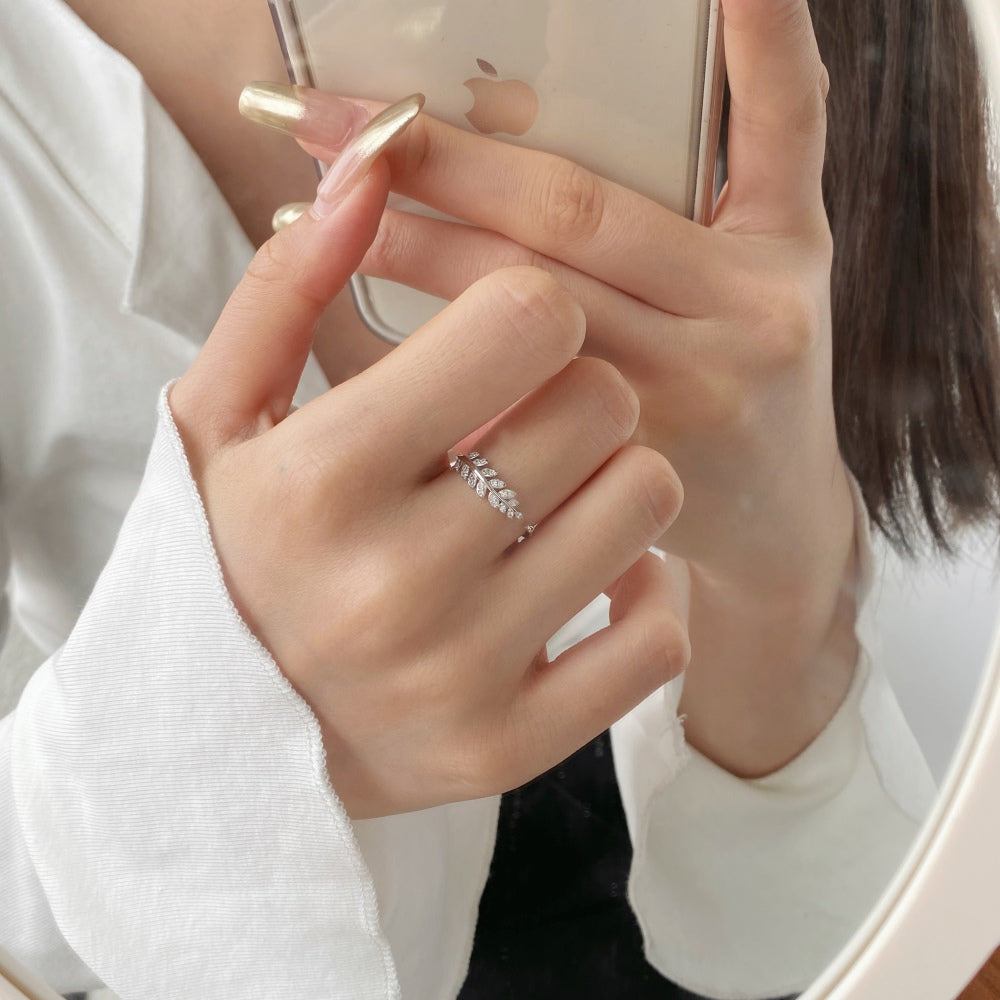 Silver Zircon Round Cut Open Feather Bypass Ring