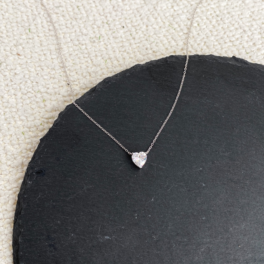 Silver Zircon Heart Cut Love Pendant Necklace