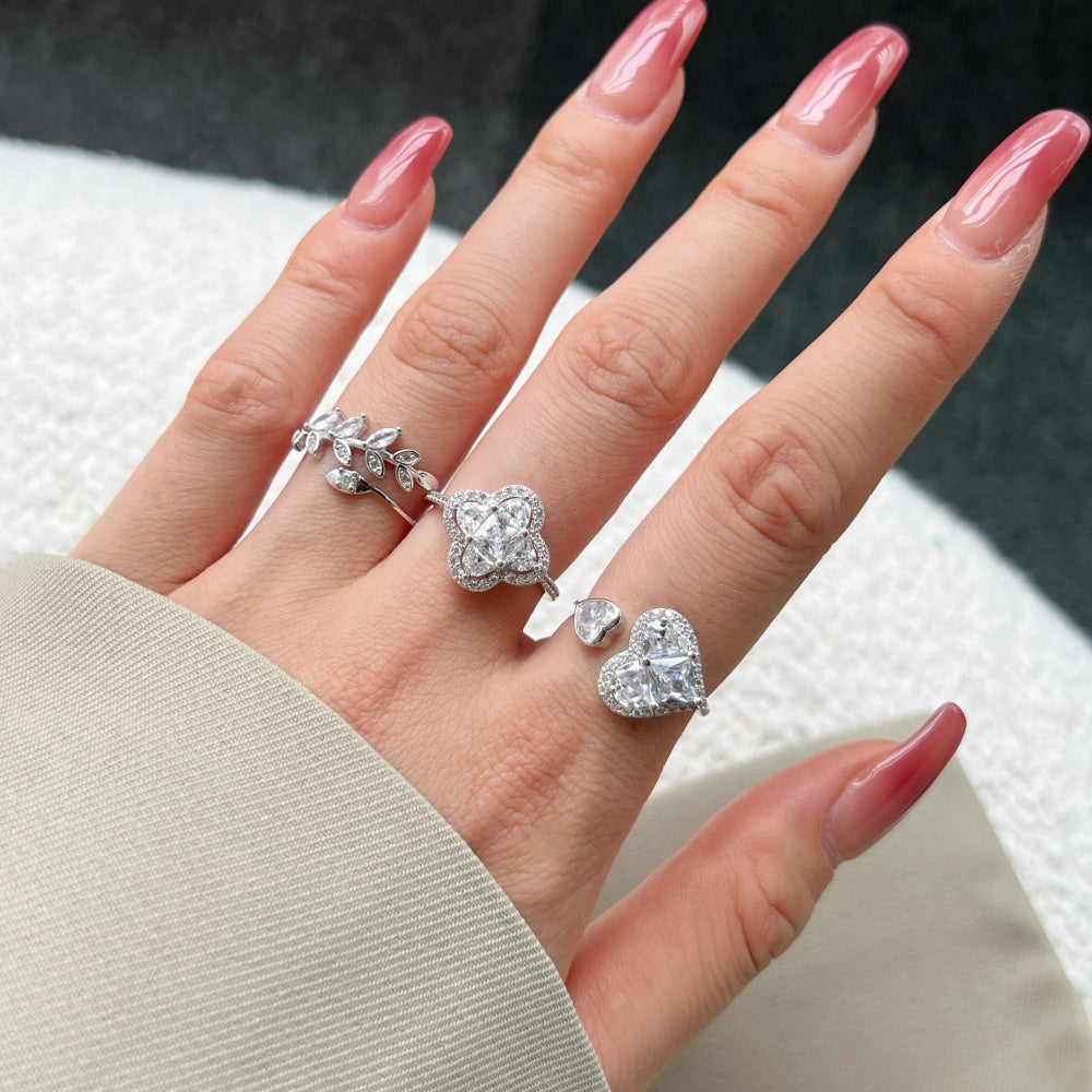 Silver Zircon Marquise Cut Open Leaf Bypass Ring