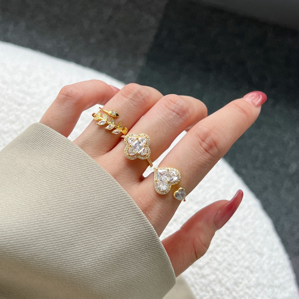 Silver Zircon Marquise Cut Open Leaf Bypass Ring